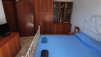 Quarto com cama, guarda-roupa, estante de livros e televisão.