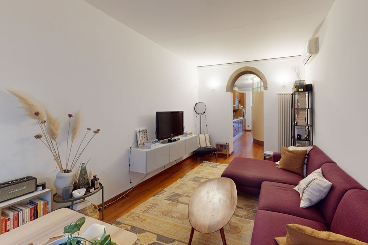 A modern living room with a sofa, a television, a bookshelf, and a decorative plant.