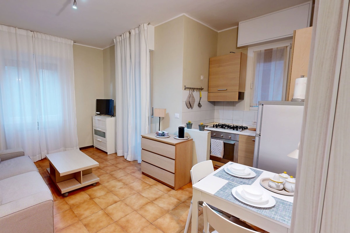A compact living space with a sofa, a small dining table with plates, a kitchenette with a stove, and a TV.
