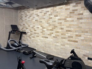 A gym with a brick wall, a stationary bike, and a treadmill. - Pekárenský Dvůr  (Jihomoravský kraj)