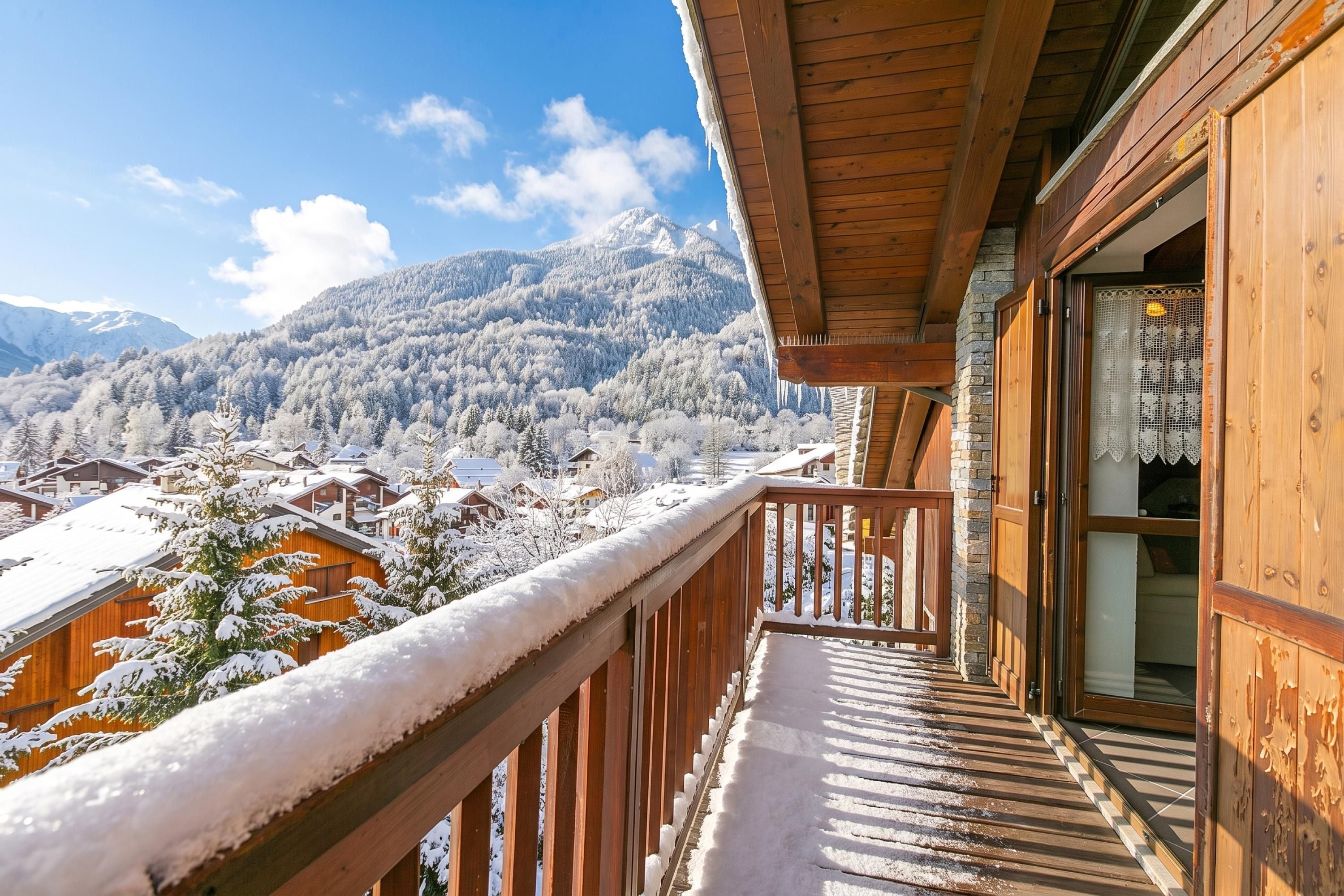 A wooden balcony with a view of snow-covered houses and mountains.