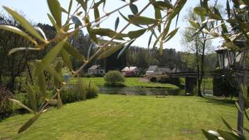 Un jardin bien entretenu, avec une pelouse, un petit étang et un pont.