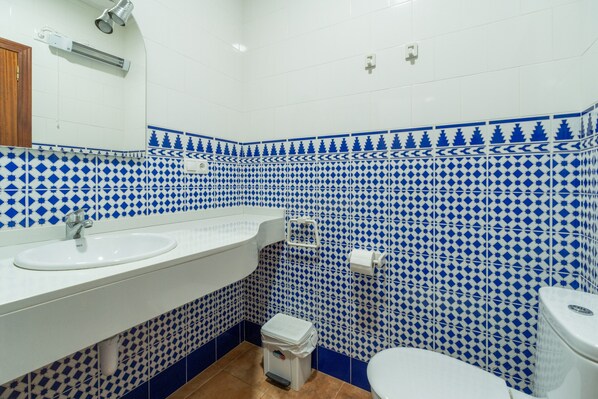 A bathroom with a white sink, a toilet, and a trash bin.
