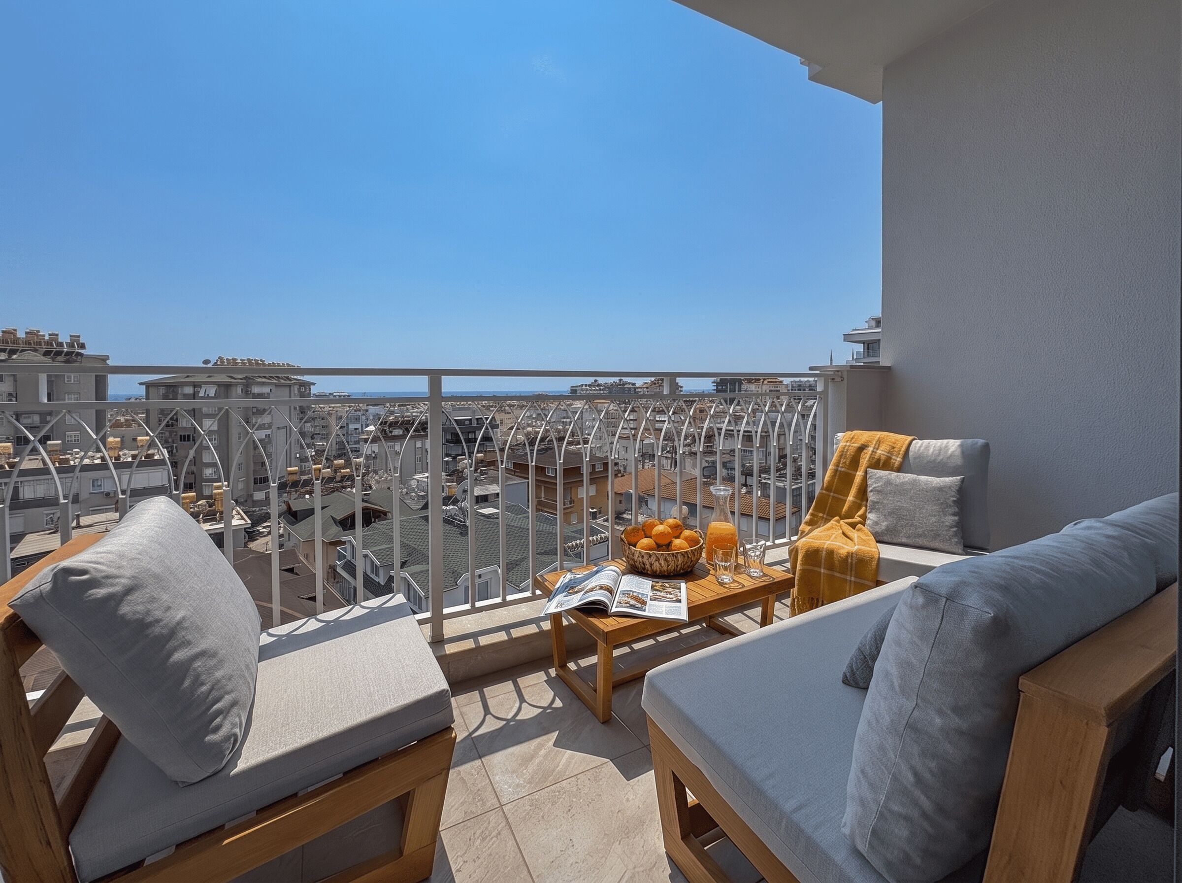 A balcony with a view of a cityscape and the sea, furnished with a sofa, a small table, and a bowl of oranges.