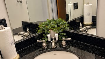 Hair dryer, towels, soap, toilet paper