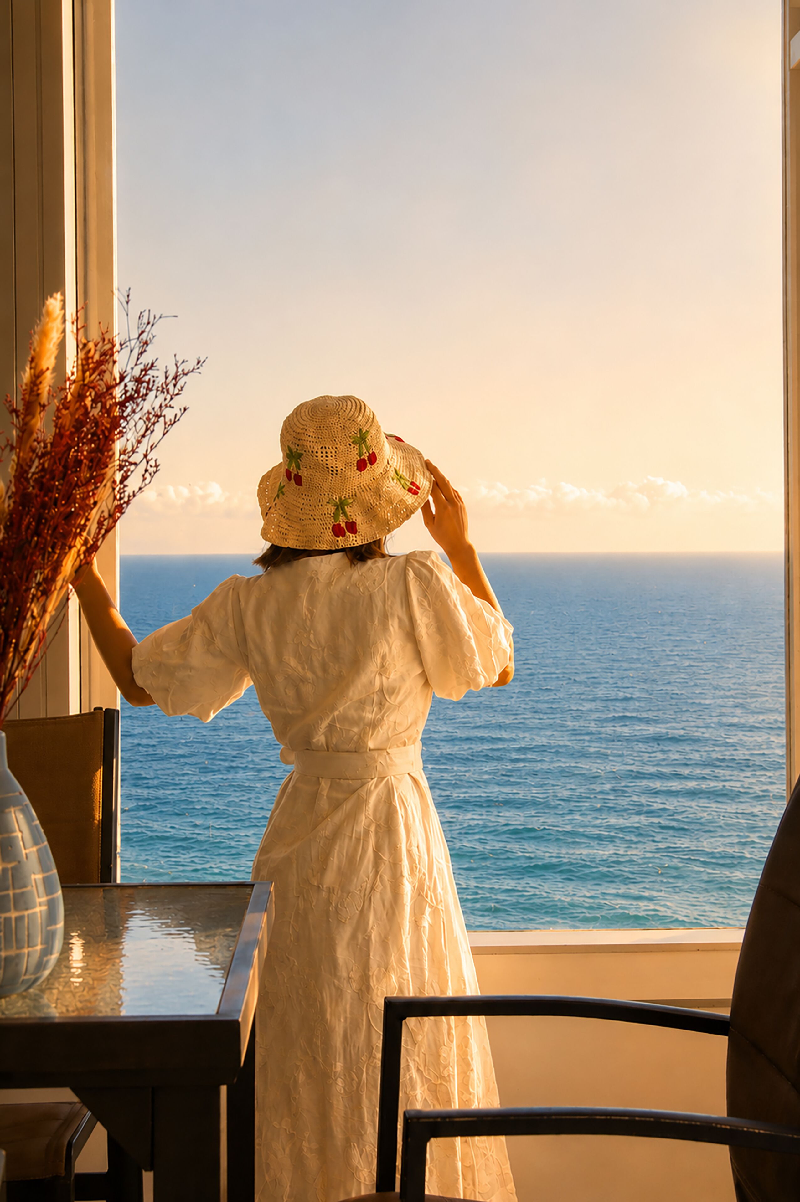 A person in a white dress and straw hat, seated by a window overlooking the ocean.
