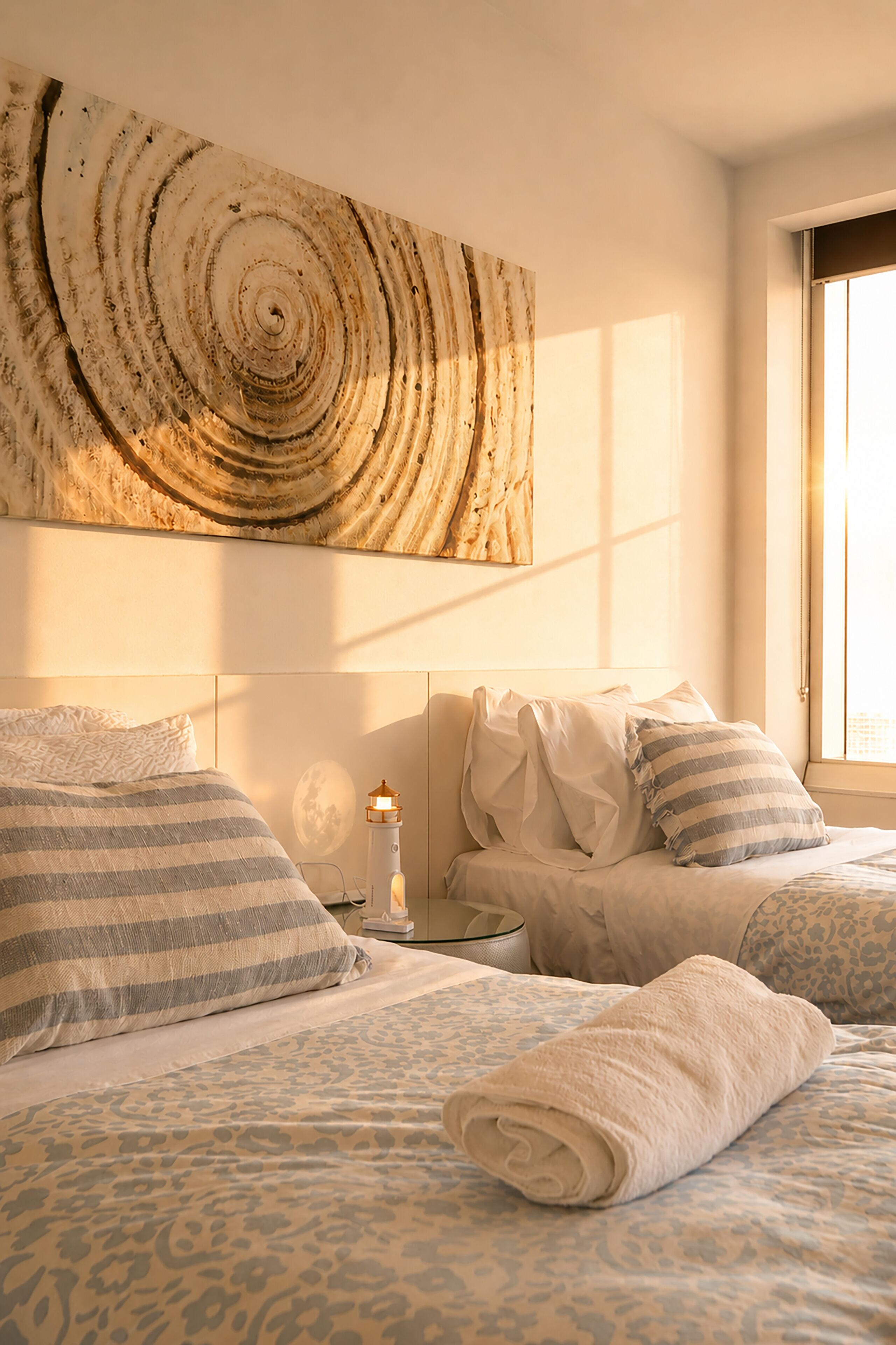 A bedroom with a large abstract painting, a bed with patterned bedding, a nightstand with a lamp, and a window with natural light.