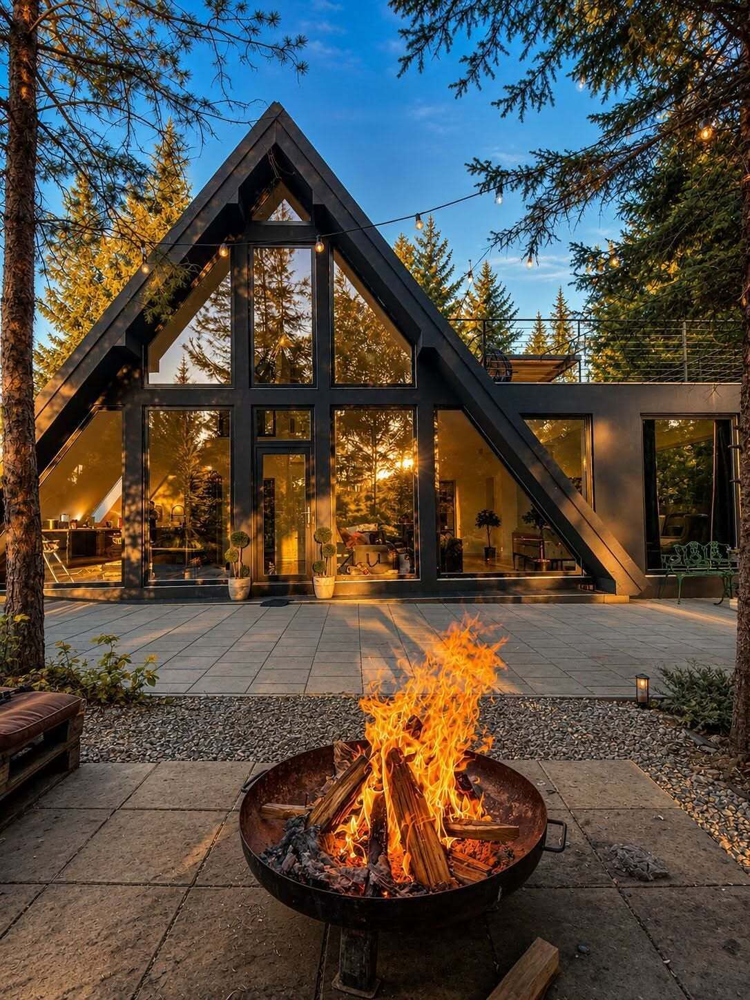 Une maison moderne avec un toit triangulaire, de grandes fenêtres et un foyer au premier plan.