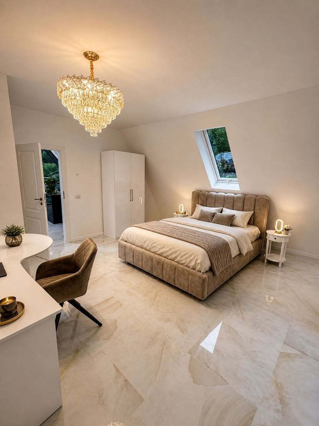 A bedroom with a large bed, a desk, a chair, and a chandelier.