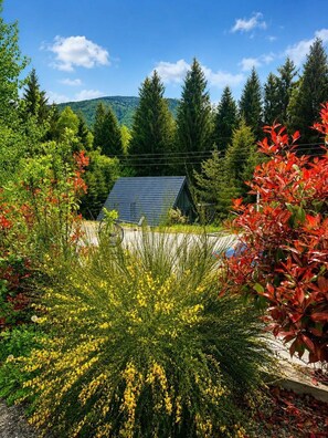 Une maison avec un toit en pente, entourée d’une végétation luxuriante et d’arbres.