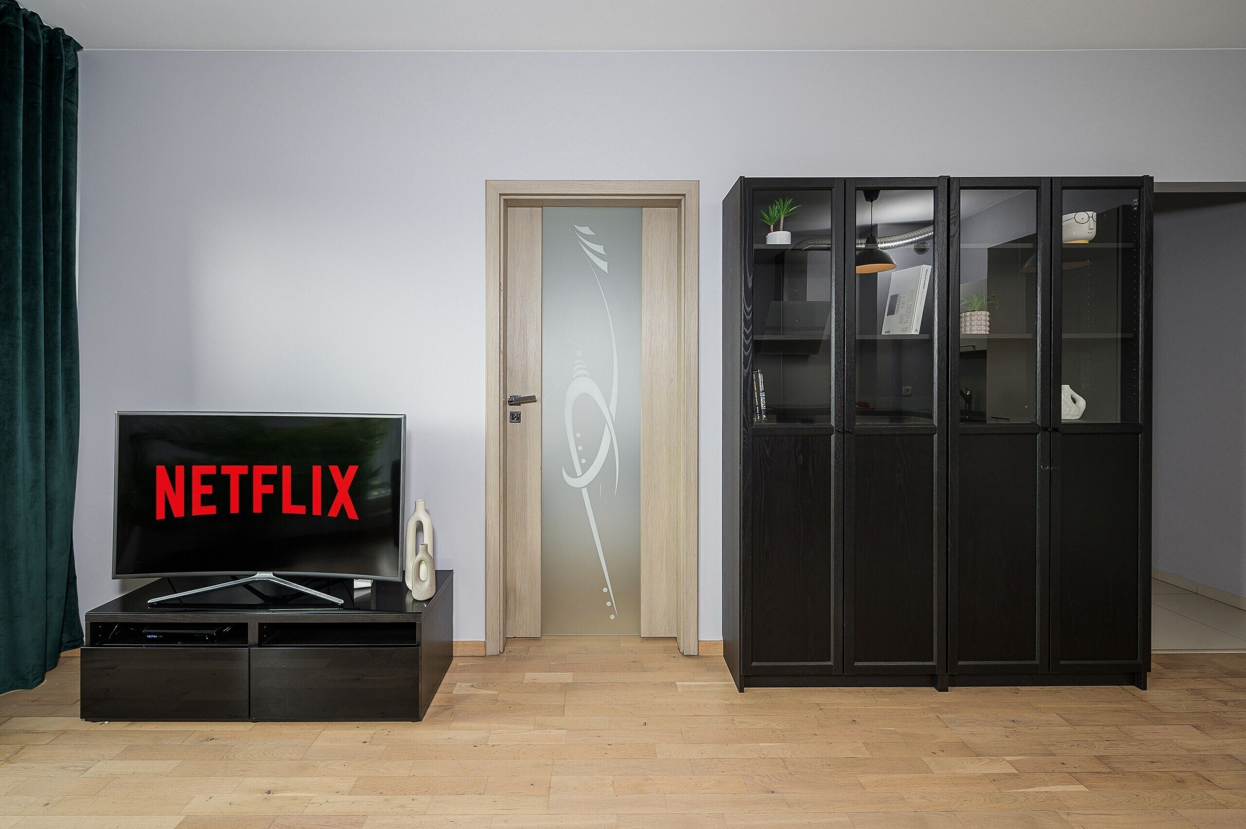 A room with a wooden door, a black cabinet with a television displaying 'NETFLIX', and a black cabinet with glass doors containing books and decorative items.