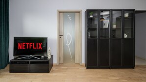 Una habitación con una puerta de madera, un mueble negro con un televisor que muestra 'NETFLIX' y otro mueble negro con puertas de cristal que contiene libros y objetos decorativos.