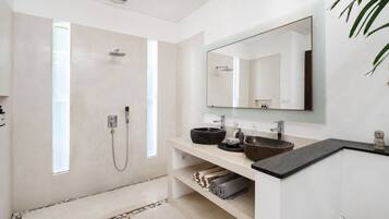 A modern bathroom with a walk-in shower, a large mirror, and a vanity with two sinks.
