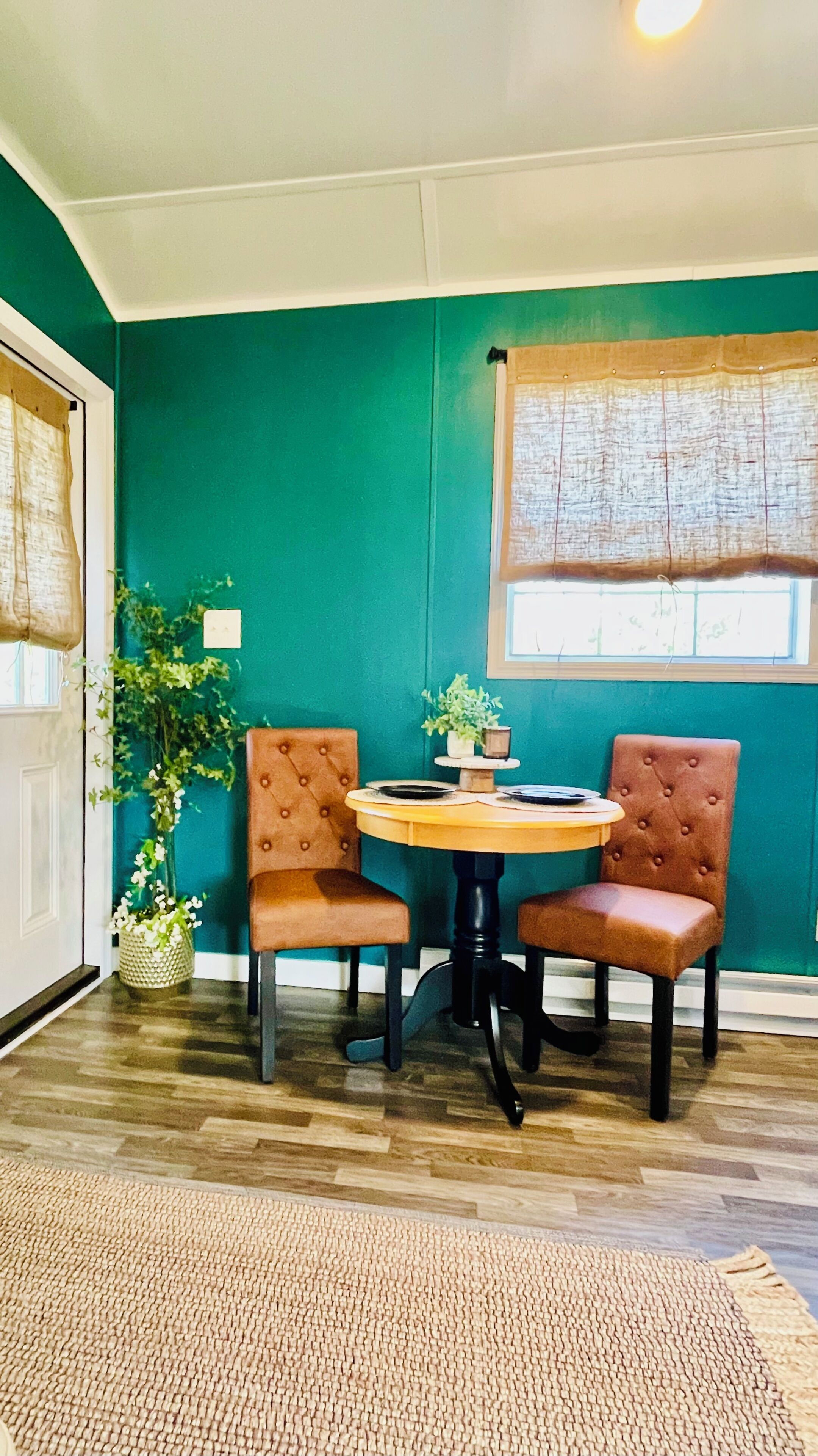 Une pièce aux murs de couleur turquoise, avec une table ronde en bois, deux fauteuils marron, une plante en pot et une fenêtre avec un rideau.