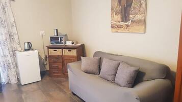 A living room with a grey sofa, a small white refrigerator, a microwave, and a cabinet.