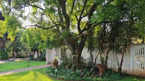 Un jardín cuidado con varios árboles, un sendero de ladrillo y una cerca blanca.
