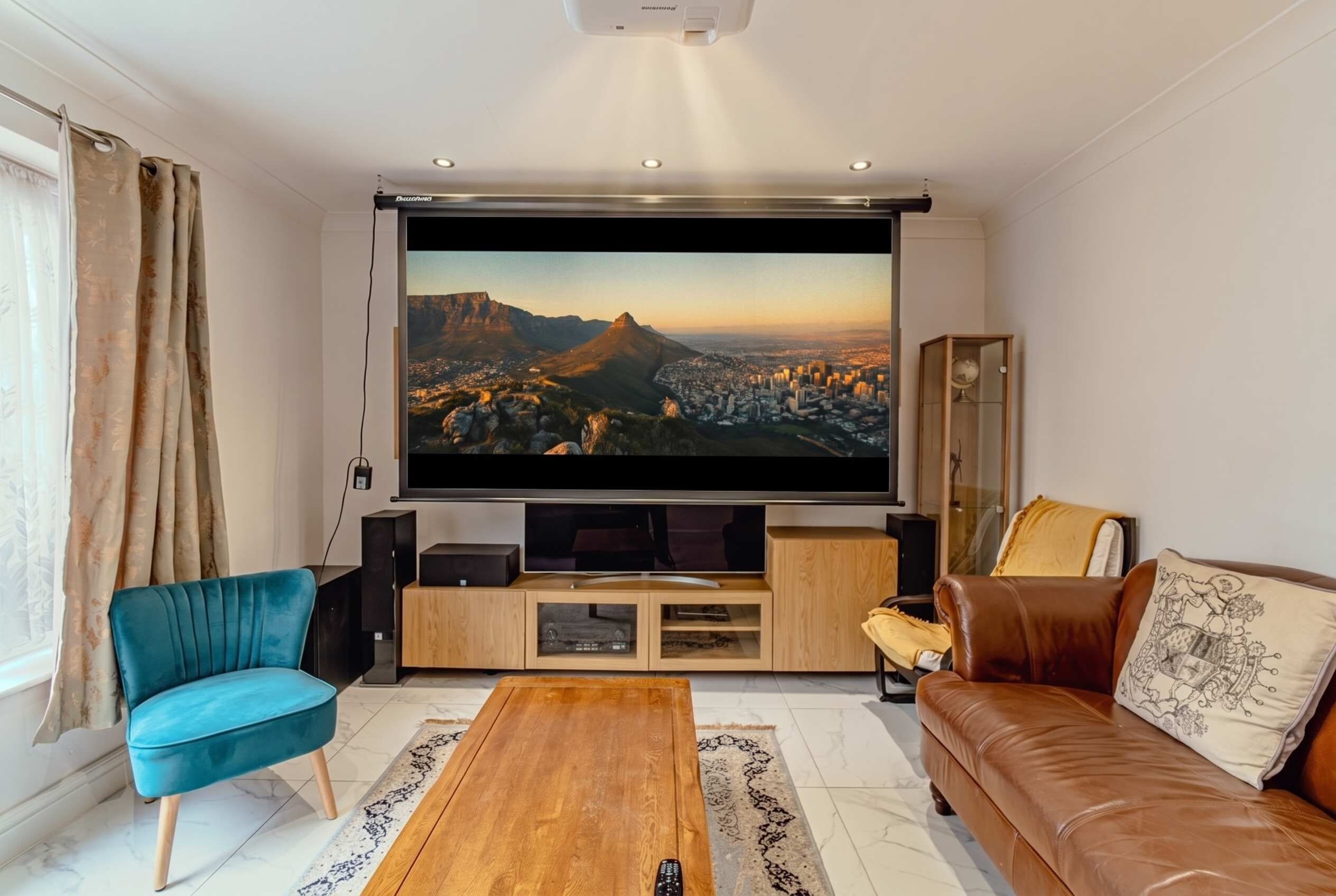 Een woonkamer met een grote flatscreen televisie, een blauwe fauteuil, een bruine bank en een houten salontafel.