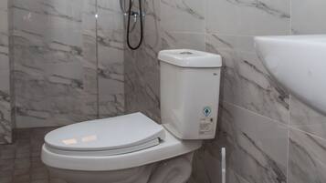 A bathroom with a toilet, a shower, and a sink.