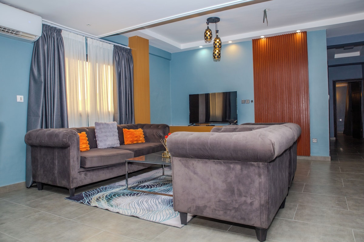 A modern living room with a sectional sofa, a flat-screen TV, and a decorative rug.