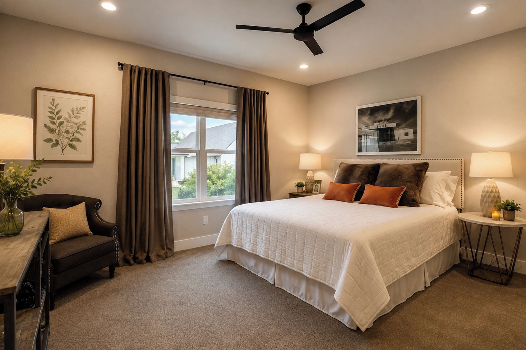 A bedroom with a bed, a ceiling fan, a window with curtains, a desk with a lamp, and a framed picture on the wall.