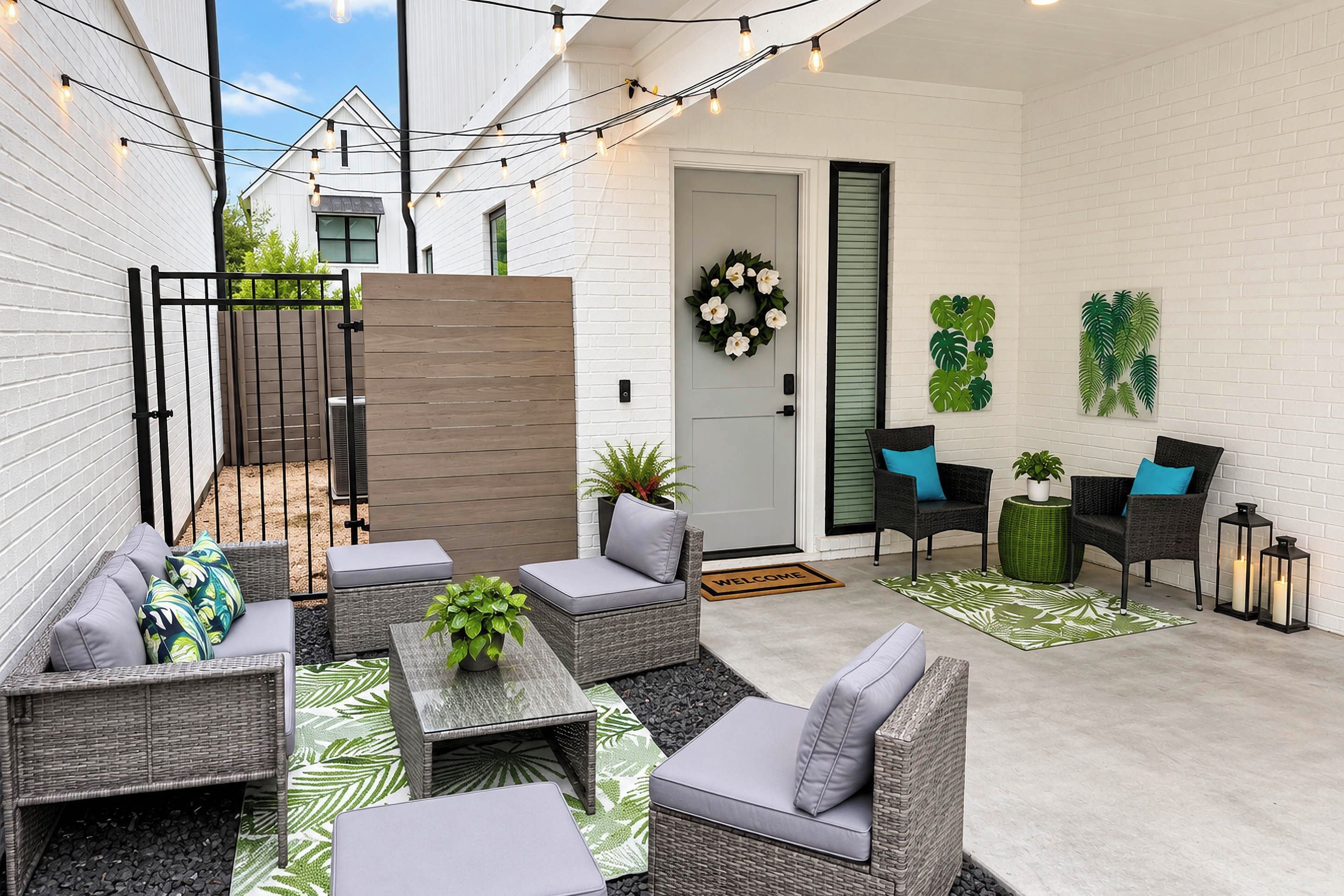 An outdoor patio area with wicker furniture, a wooden gate, string lights, and decorative plants.