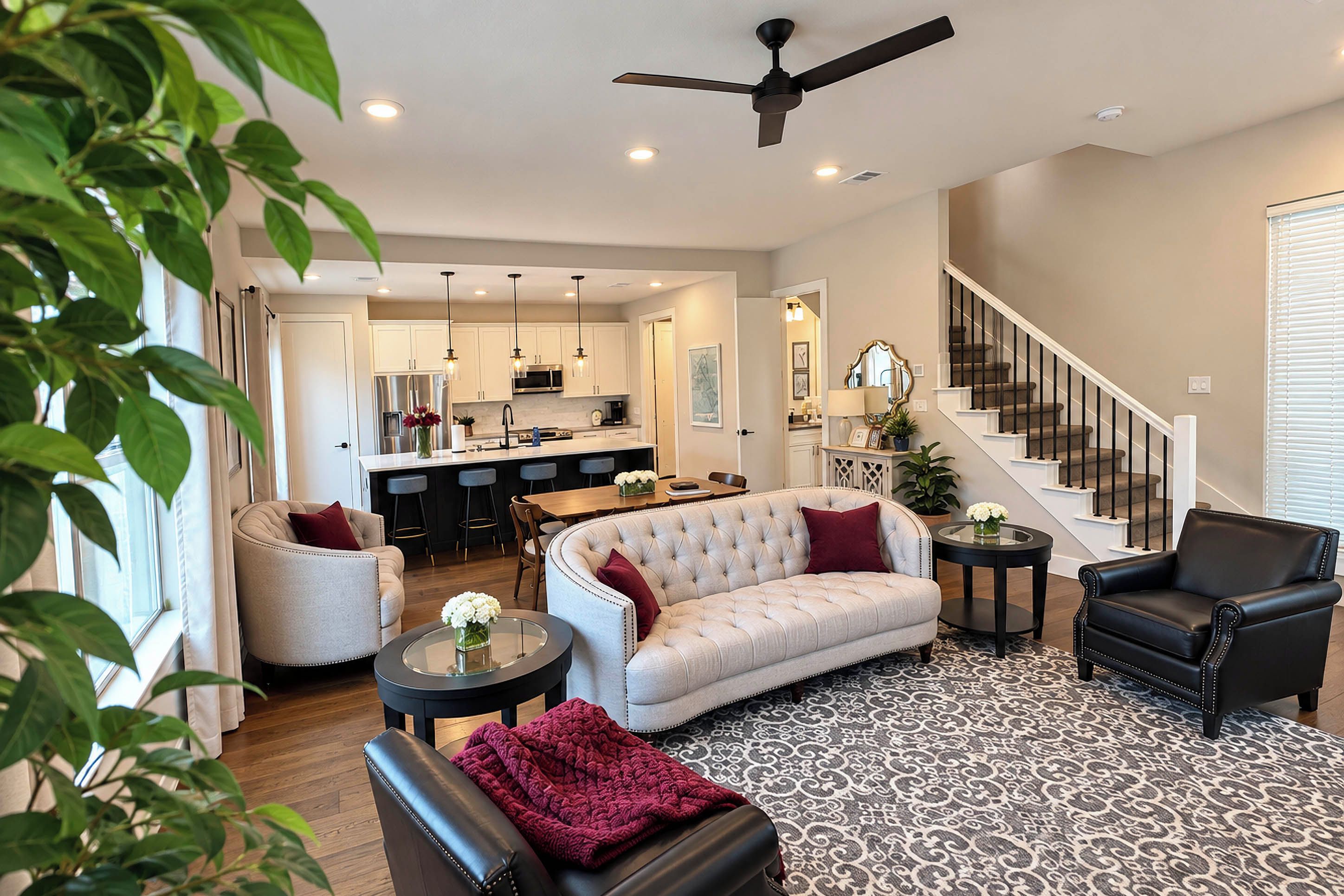 A spacious living room with a sofa, armchairs, a coffee table, and a staircase.