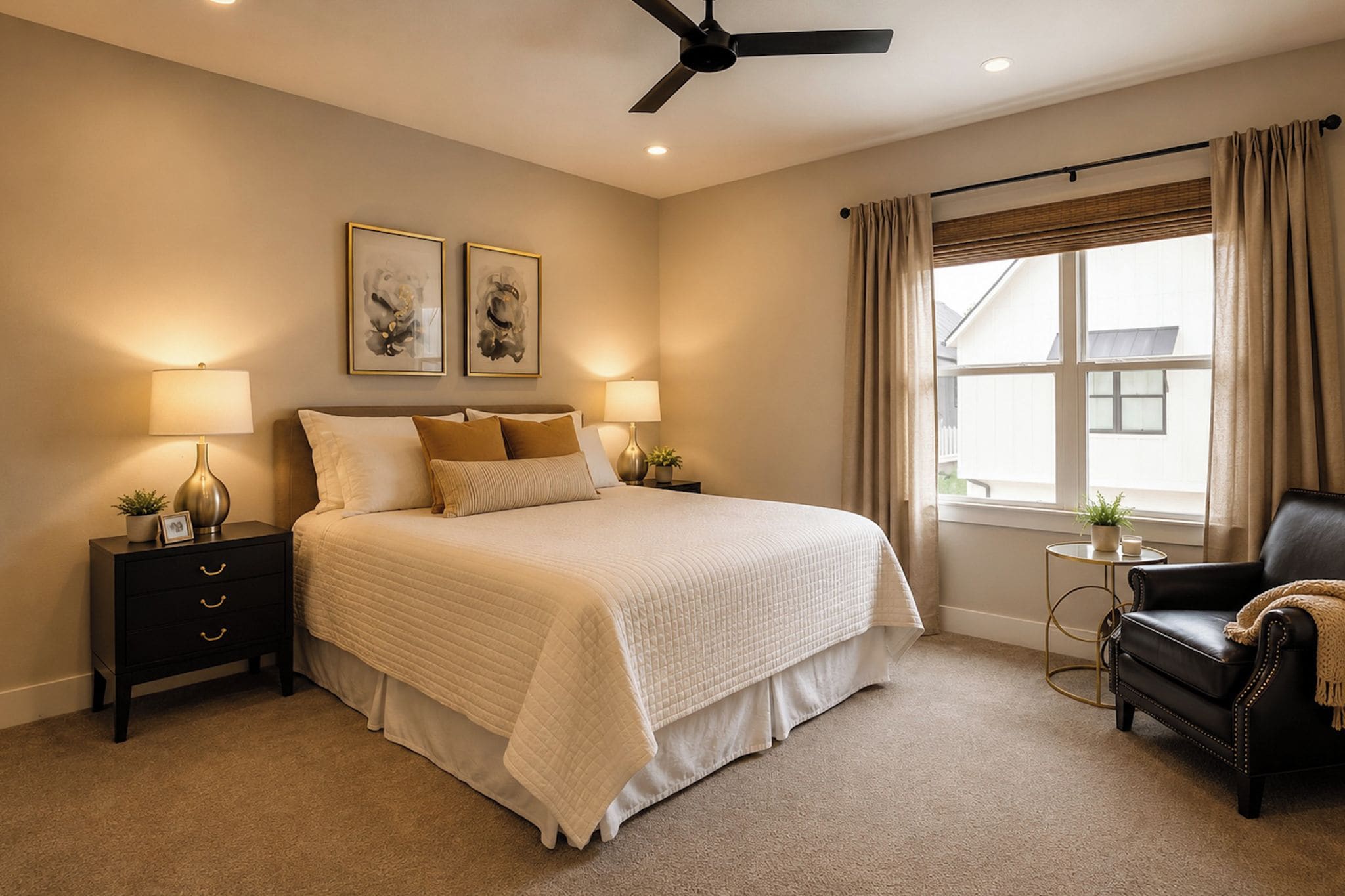 A bedroom with a bed, two bedside tables, a chair, a ceiling fan, and a window with curtains.