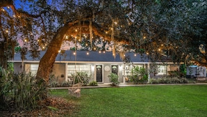 A house with a large lawn, a tree with hanging lights, and a front door. - 2-home Nature Coast Retreat Near 3 Sisters Springs (Homosassa)