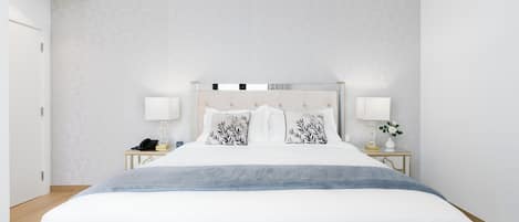 Una habitación de hotel con una cama grande, dos mesitas de noche, un cabecero y una lámpara de pared.