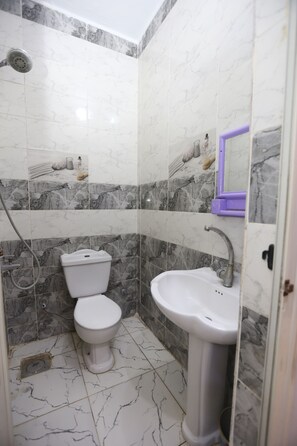 A bathroom with a toilet, sink, and shower. - pyramids crest hotel (Giza)
