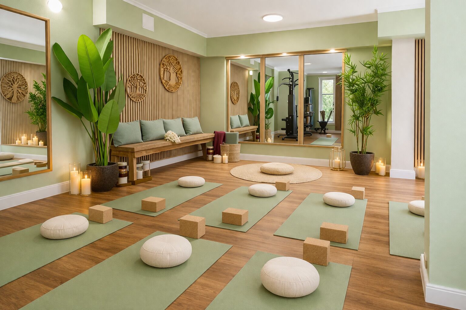 Ein Yoga-Studio mit Holzböden, grünen Matten und einer Holzbank mit Kissen.