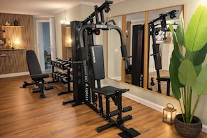 Ein Heimfitnessraum mit Trainingsgeräten, einem großen Spiegel und einer Topfpflanze.