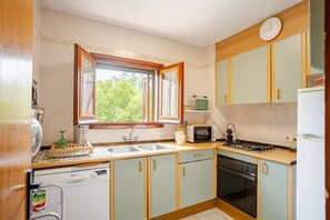 Eine kleine Küche mit Geschirrspüler, Herd, Mikrowelle und Spüle.
