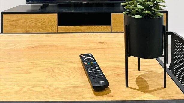 Una TV a schermo piatto su un mobile in legno, con un telecomando e una pianta in vaso accanto.