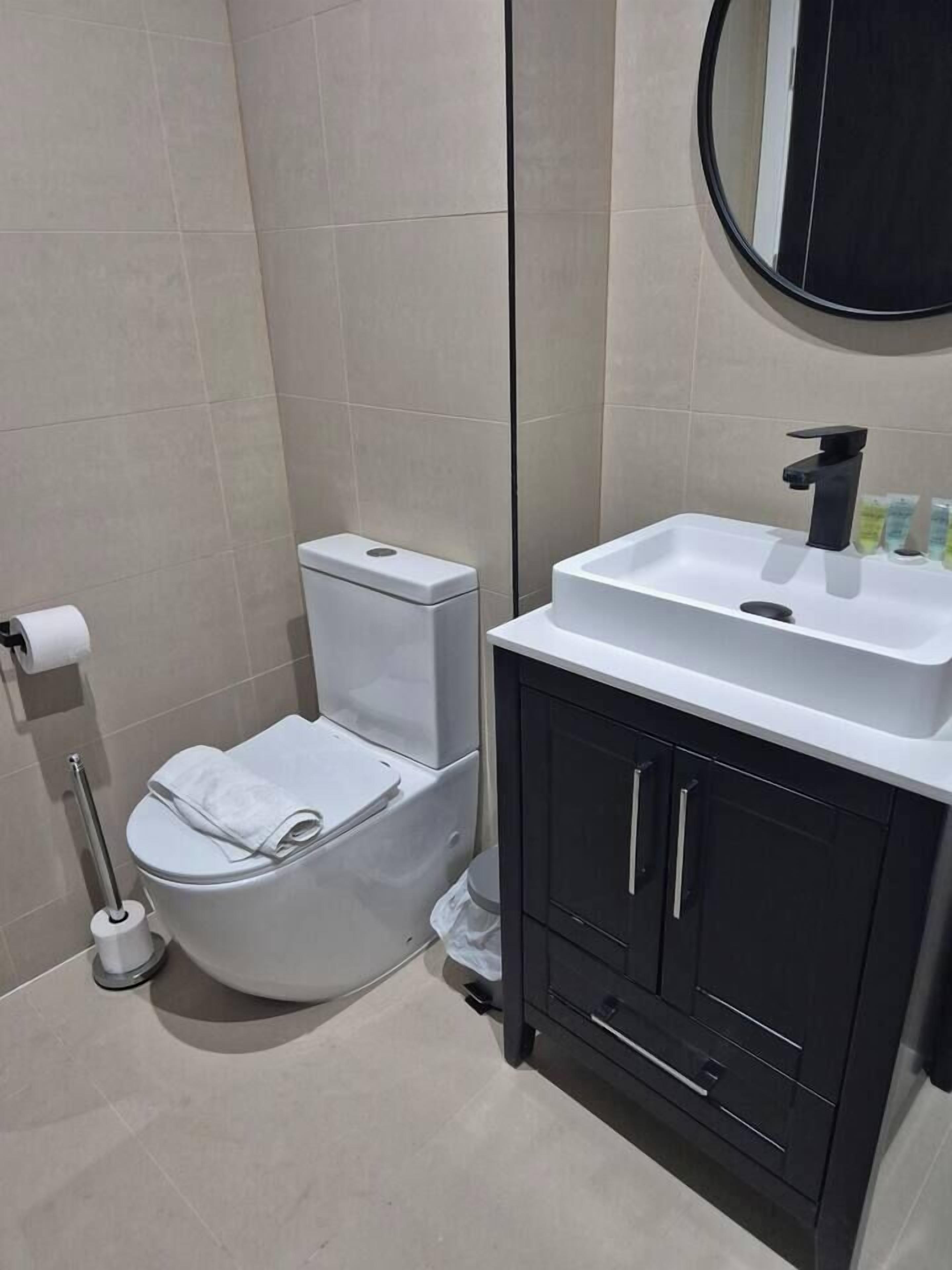 A bathroom with a toilet, sink, and mirror.