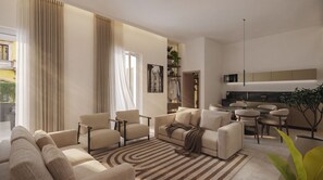 Ein modernes Wohnzimmer mit einer Sofagarnitur, einem Essbereich mit Tisch und Stühlen sowie einer Küche mit einer Mikrowelle.