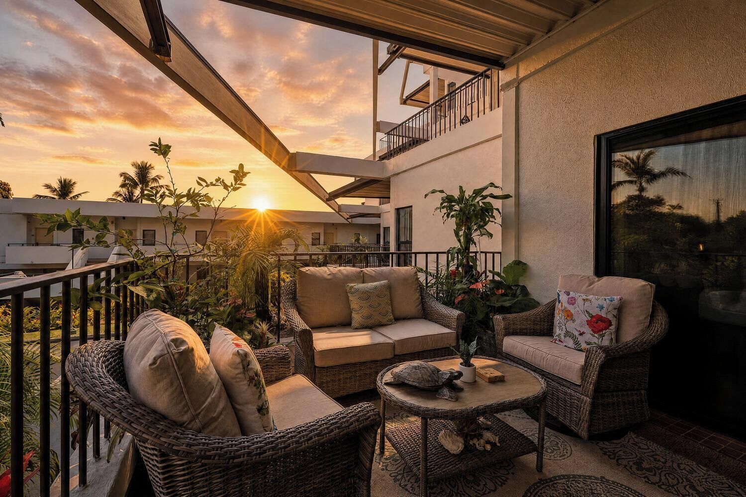 An outdoor balcony with wicker furniture, a potted plant, and a view of the sunset.