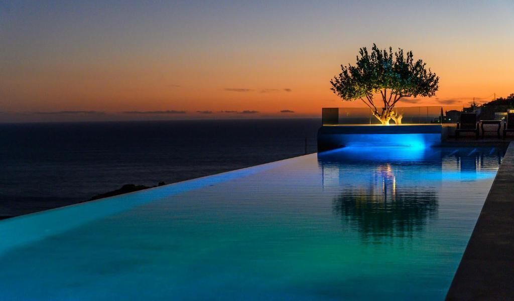 Una piscina infinita con un árbol y vista al océano al atardecer.