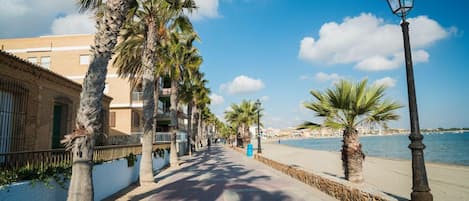 Un paseo marítimo con palmeras, una playa y un edificio con balcones.