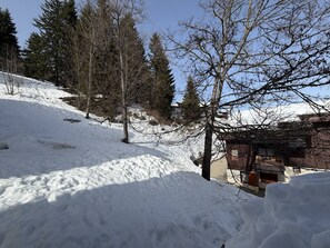 A snow-covered slope with a wooden cabin and trees. - Cozy apartment, mountain view - 5 guests (Valmorel)