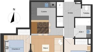 A floor plan with two bedrooms, a living room, a kitchen, a bathroom, and a balcony. - Apartment with panoramic view - 6 guests (Les Saisies)