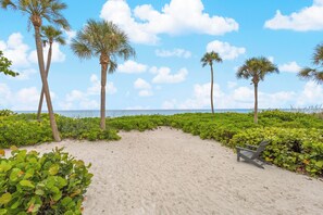 A sandy beach path with palm trees and green foliage, leading to the ocean. - Sea Club III #4 2B / 2B Direct Beachfront Condo by RVA (Longboat Key)