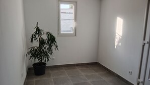Une pièce avec une plante en pot, une fenêtre et une porte.
