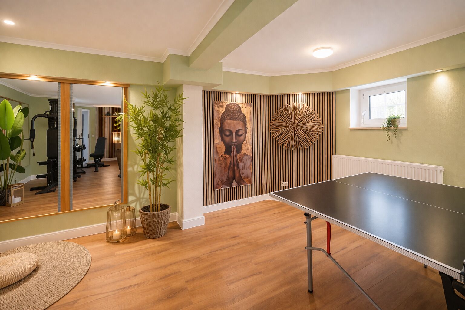 A room with a ping pong table, a large mirror, a Buddha statue, and a gym area.