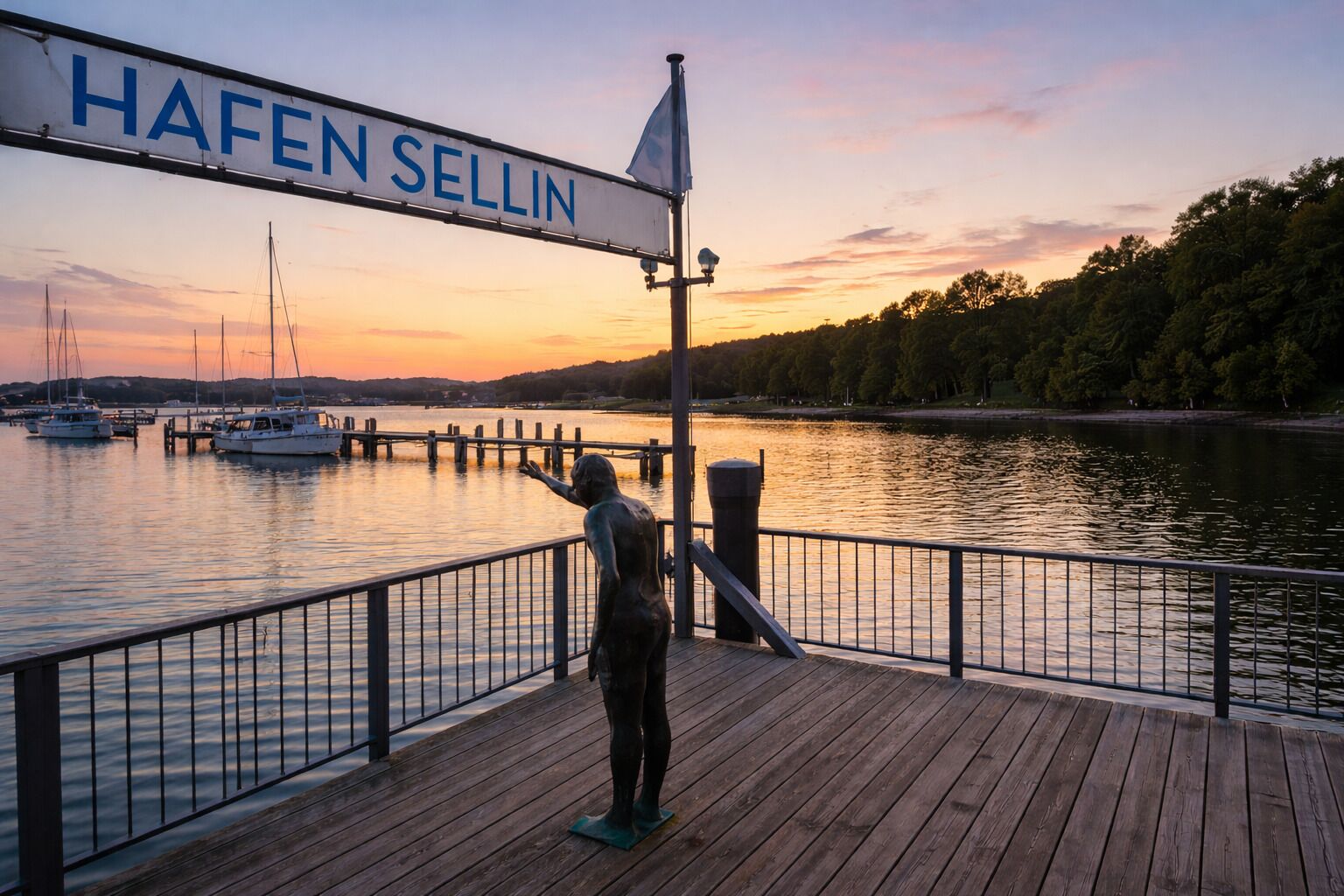 Un muelle de madera con un cartel que dice 'HAFEN SELLIN' y una estatua de una persona.