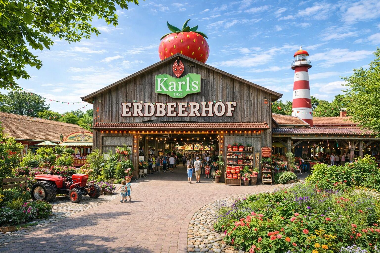 A wooden building with a large strawberry sign, a lighthouse, and a market area with people and flowers.