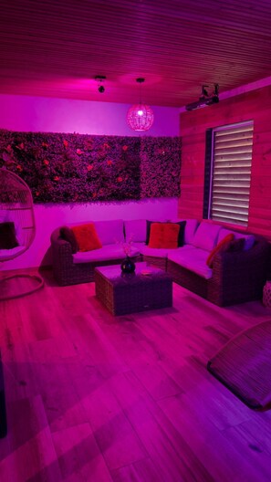 Ein Zimmer mit Holzboden, einer Sofagarnitur, einem Hängekorbstuhl und einem wandmontierten Blumentopf mit Blumen.