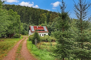 A house with a red roof, surrounded by dense forest and a dirt path leading to it.