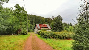 Een landweg die leidt naar een huis met een rood dak, omringd door groen en bomen.