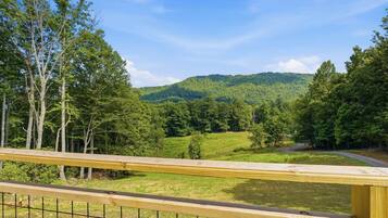 A wooden deck with a metal railing overlooking a green landscape with trees and a hill in the distance.